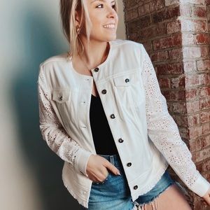 Donacaster collection white denim jacket eyelet